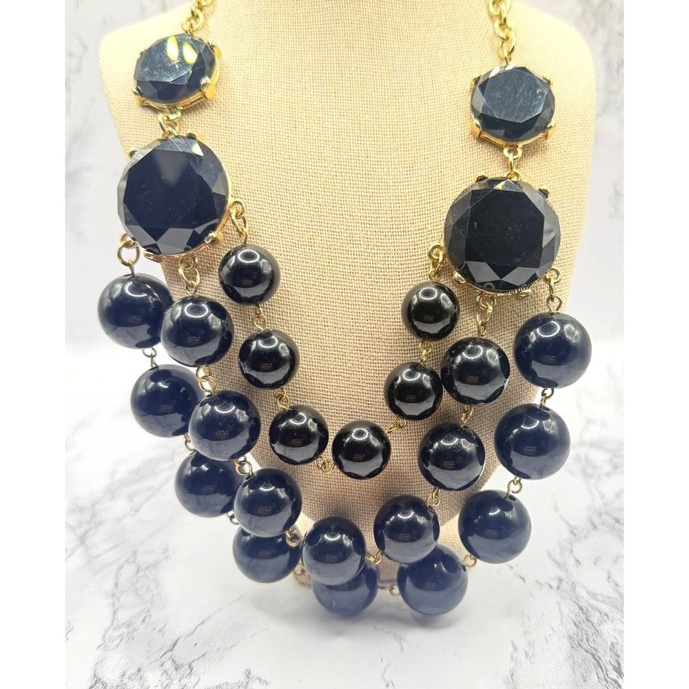 STORM Black Beaded 3 Strand Statement Bib Necklace Gold Tone 20–22"